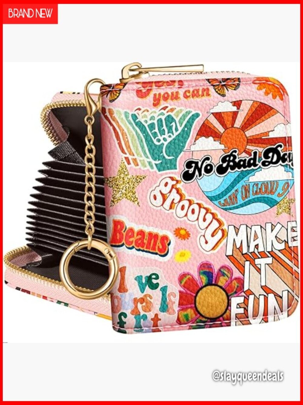 Leather RFID Card Holder with Keychain, 14 Slots, Accordion Wallet for Women